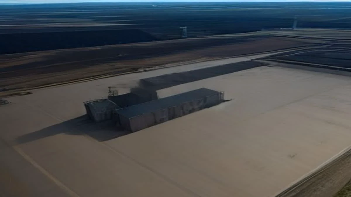 Containerised mining buildings on an industrial site photographed from above under overcast daylight